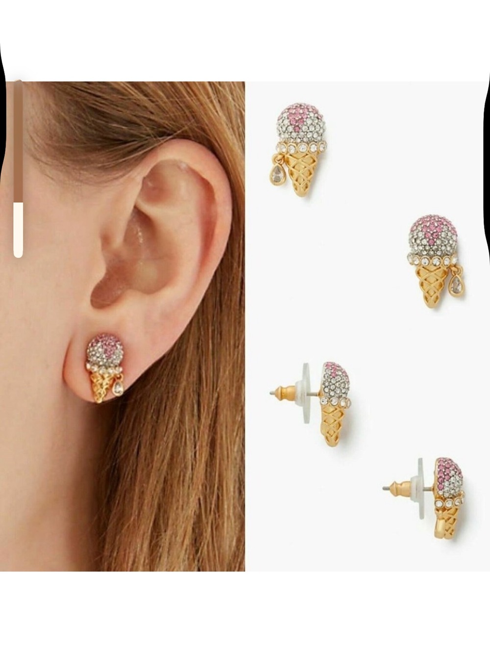 New Kate Spade Ice Cream Cone Crystal Stud Earrings
